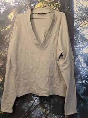 two piece Sammy B Womens Lounge Set Ribbed Knit V Neck Top and Pants Gray Large